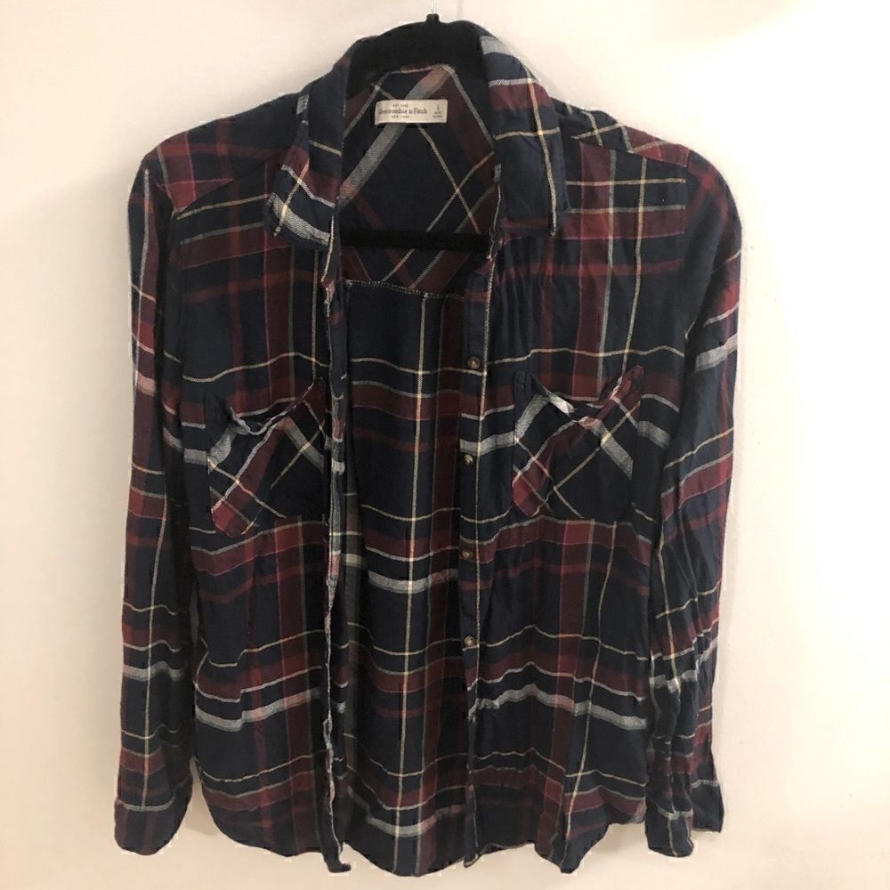 Abercrombie & Fitch Plaid Blouse In Burgundy Navy Blue ~ Size S Small